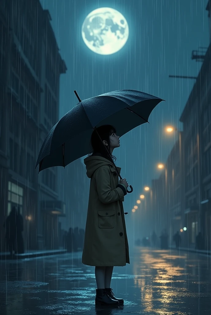 A girl inside more in the rainy season in the night the moon is looking and tight and holding umbrella