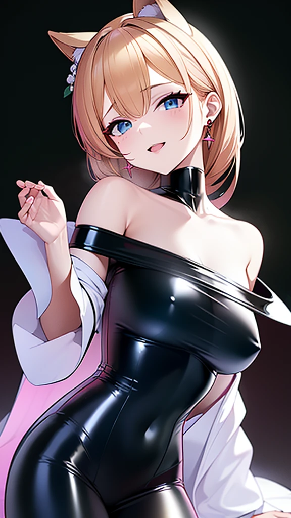 tall、 adult、Married Woman、Shiny latex robes、Off the shoulder、邪evilな修道女, Sister、Pink and black background, evil, lure, excited, A condescending grin, Lightly open your mouth、Sexy pose, Upper Body,