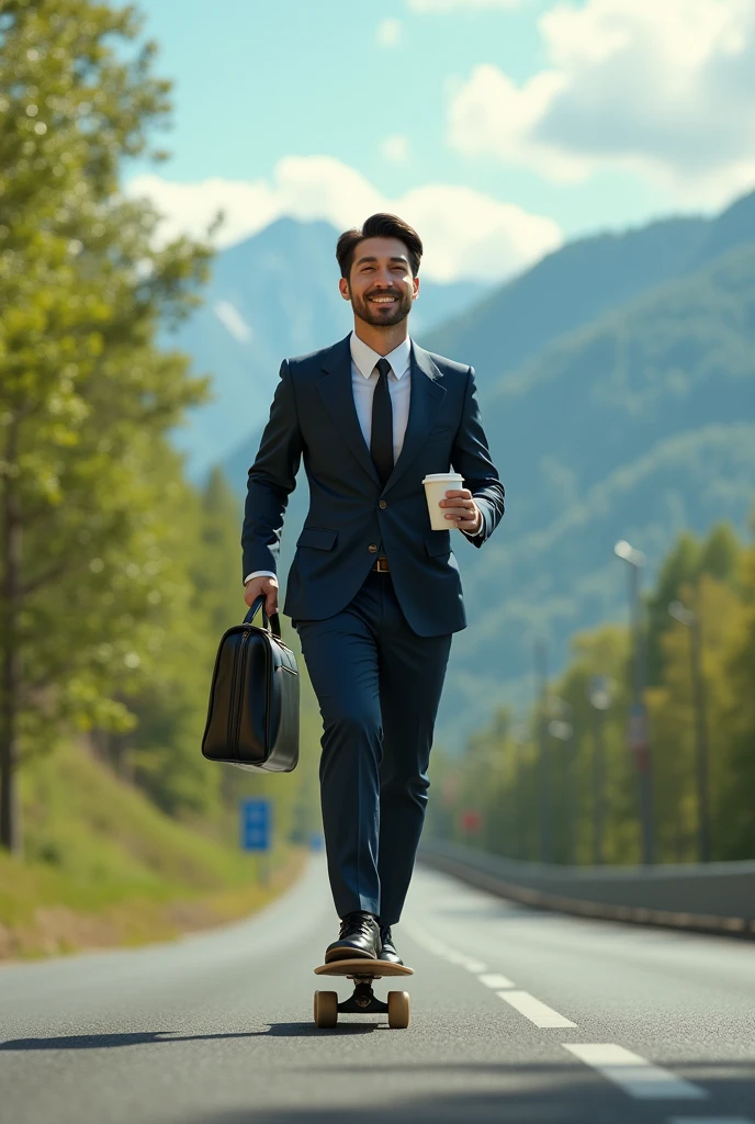 A man in a suit, holding a coffee cup in his left hand and a business bag in his right hand, riding a skateboard on the road at high speed. He looks happy, and the background atmosphere is a green mountain with leaves blowing.