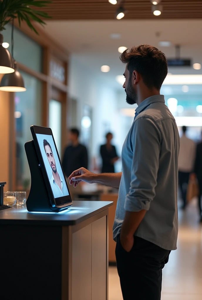 A compact device kept on desk of a counter at mall where a man is scanning his face to make payment the device recognises face and payment is done man should not touch the device he should just in it thd devixe should be small the screen should show mans face scanning