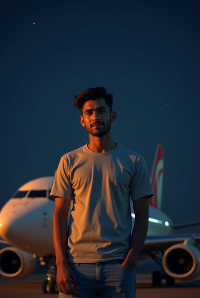 20 year old Indian boy watch normal dress and posing for aeroplane night in background