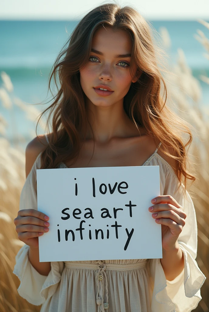 Beautiful girl with wavy long hair, bohemian dress, holding a white board with text "I Love Seaart Infinity" and showing it to the viewer