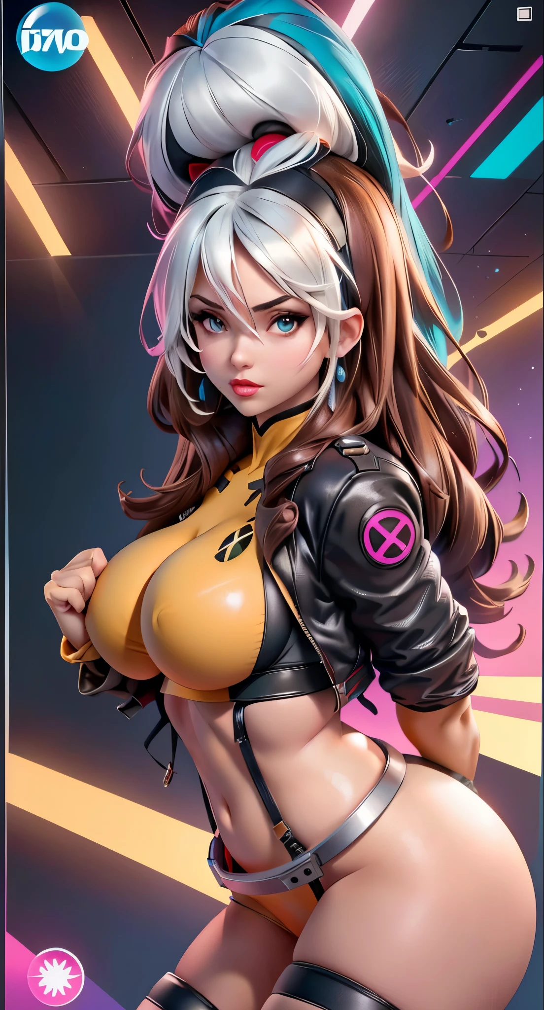 anime girl with a big ass in a golfen bikini, cutesexyrobutts, oppai cyberpunk, thicc, 2b, 2 b, oppai, anya from spy x family, biomechanical oppai, makoto, commission for high res, oc commission, tifa lockhart, oppai proportions, tifa, daisyduke shorts, fortnite cards background style ,multicolored hair blue with red vanes,