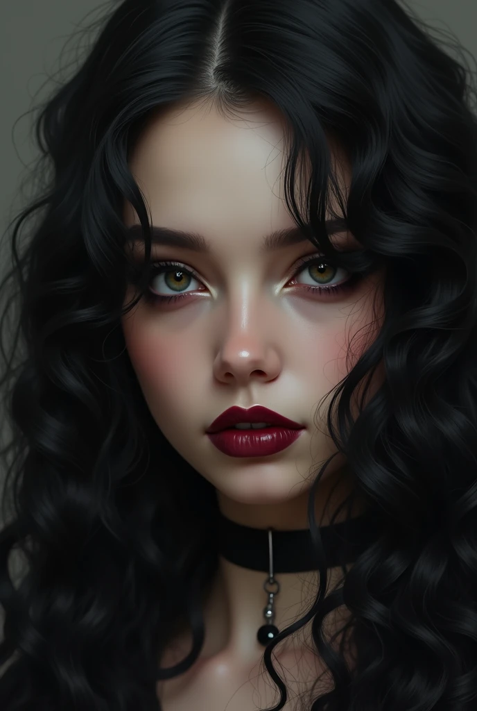 a young woman&#39;s face with black hair , big and long curls, black eyes, Wine-colored lips and smokey makeup with a gothic aura. Some slightly chubby cheeks.