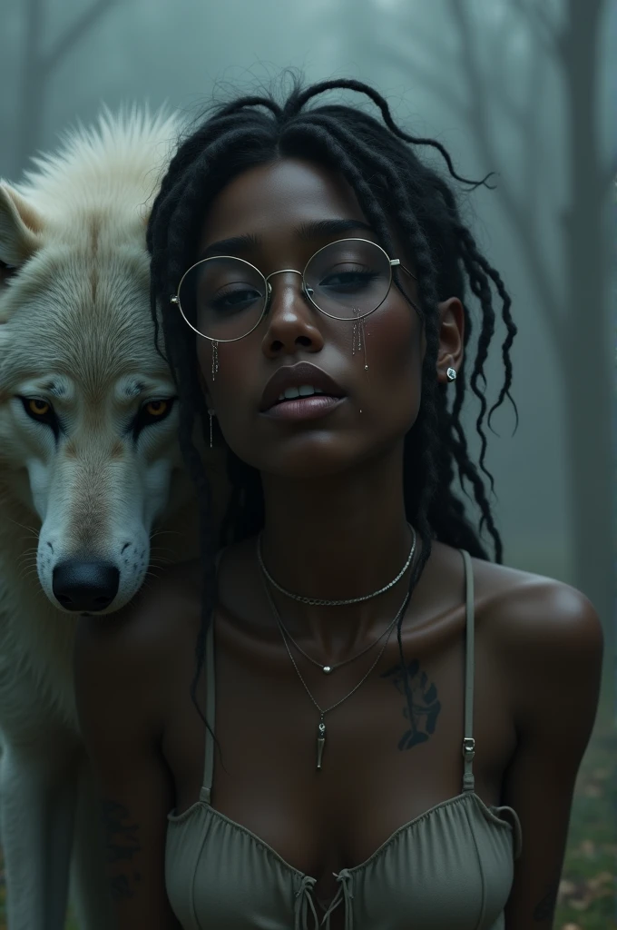 Une fille noire avec des lunettes et des piercings et un tatouage au cou, qui pleure et qui est triste, avec un loup blanc derrière elle triste
