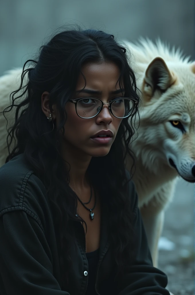 Une fille noire avec des lunettes et des piercings et un tatouage au cou, qui pleure et qui est triste, avec un loup blanc derrière elle triste