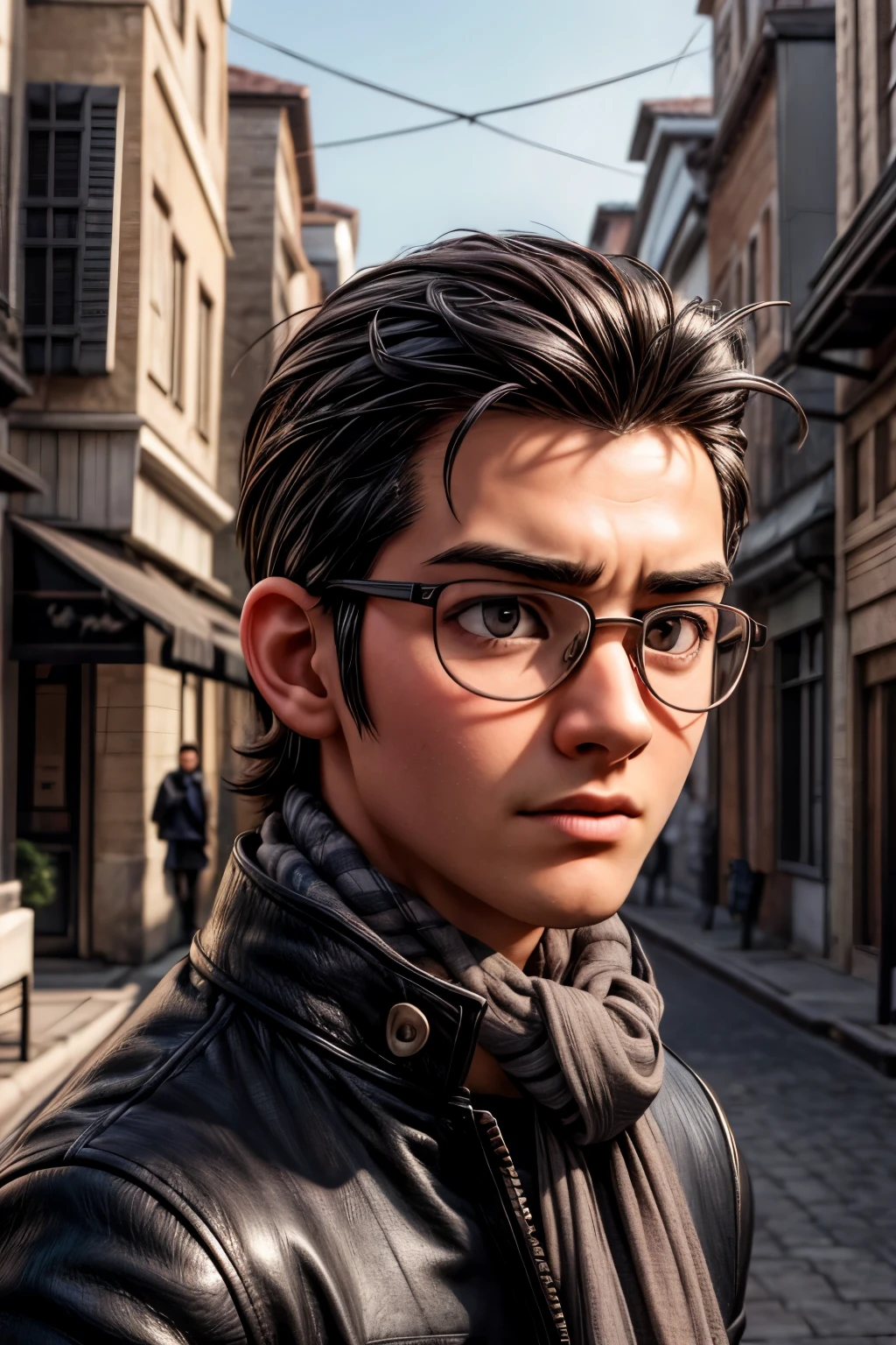 1boy, handsome, wear glasses, wearing white blouse, wearing black jacket, wearing scarf, cool, hd, high quality, realistic-style, ultra-realistic, hyperrealistic, closer distance face, closer distance head, his distance pressing against me, 8k resolution