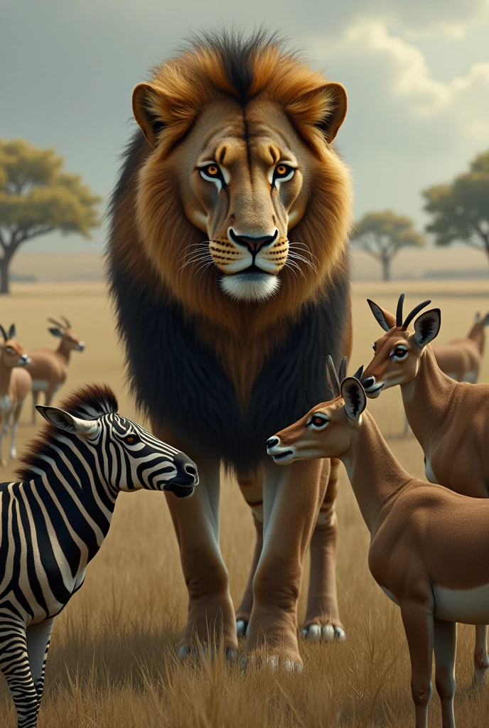 The animals reluctantly agreeing to the lion’s demand, with sad expressions.