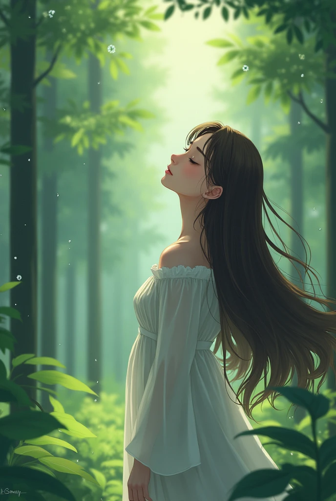 Create a anime style closeup image. Digital anime featuring a serene forest scene with a young woman as the central subject. The layout is vertical, with the woman positioned slightly off-center to the right. She has long, flowing brown hair and fair skin, and her eyes are closed as she tilts her head slightly upward, giving an impression of tranquility. She is wearing a white dress with long sleeves, which contrasts with the lush green foliage surrounding her. The background depicts tall trees with light filtering through the canopy, creating a misty, ethereal atmosphere. Raindrops are visible, adding a sense of freshness and calm to the scene.