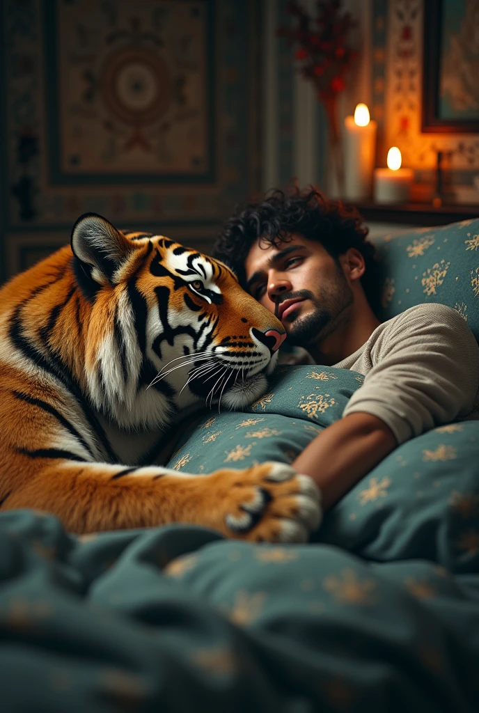 Mert Yazıcıoğlu lies in bed with a tiger