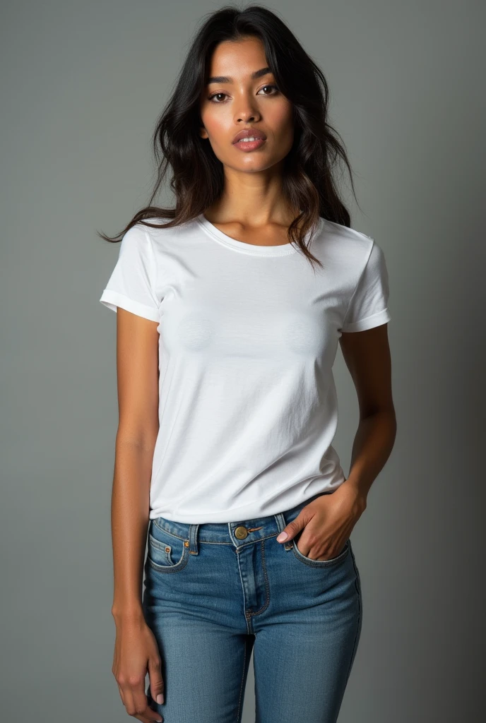 beautiful latin woman,  standing straight facing forward,with white t-shirt, denim jeans pants, on a greyish background, cotton t-shirt texture, fitted t-shirt, round neck, striped tights. Medium camera shot.