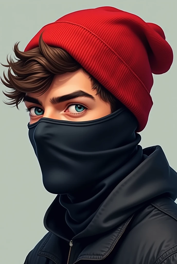 Photo de profil d'un homme avec bonnet rouge, cagoule noir qui cache que le bas de la tête , avec une moustache brun. Dans le dessin. Et qui souris. Style d'un mec cool de 18ans