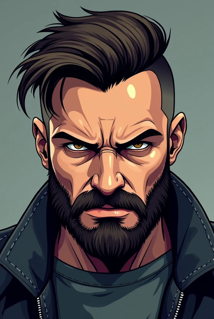 Man in his mid-30s、Beard、Barber style、Mole under eye、Angry expression、An illustration、No wrinkles