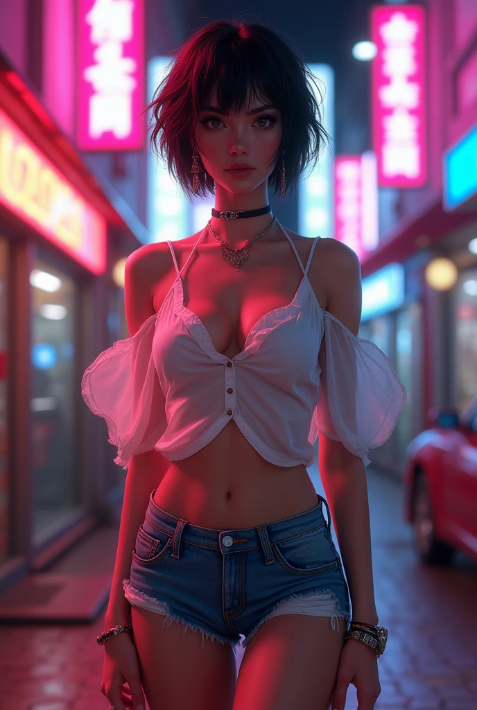 (best quality,4k,highres,ultra-detailed,realistic:1.2), a skinny girl with short messy hair , thin figure, perfect breast, no bra, ((white blouse)), ((micro denim shorts)), (hips and groin exposed) , earrings , necklace bracelets out in the street at night, neon lights and advertising
