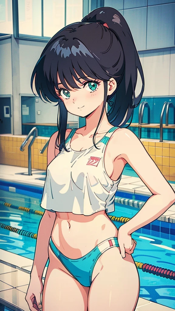 (Tabletop, Highest quality, High resolution:1.5, Anime Color,  Anime key visual, sharp, 8k, Realistic), (Beautiful attention to detail:1.5, Beautifully detailed face:1.2), smile、Embarrassed、(Black Hair, ponytail)、tits、School Swimsuit、(Perfectly detailed anatomy, Beautiful detailed hair, Beautiful and exquisite body:1.2, Glowing Skin), (Thick outline, Beautiful contours, Black outline)、Armpits、Put your hands on your hips、Indoor swimming pool