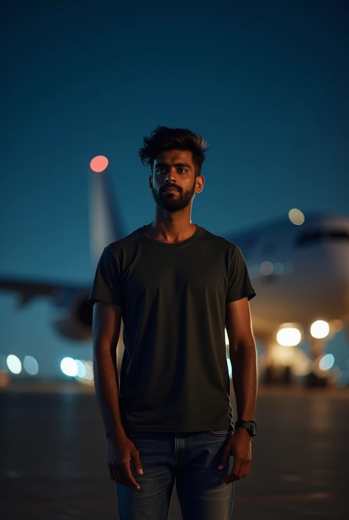 20 year old Indian boy watch normal dress and posing for aeroplane night in background
