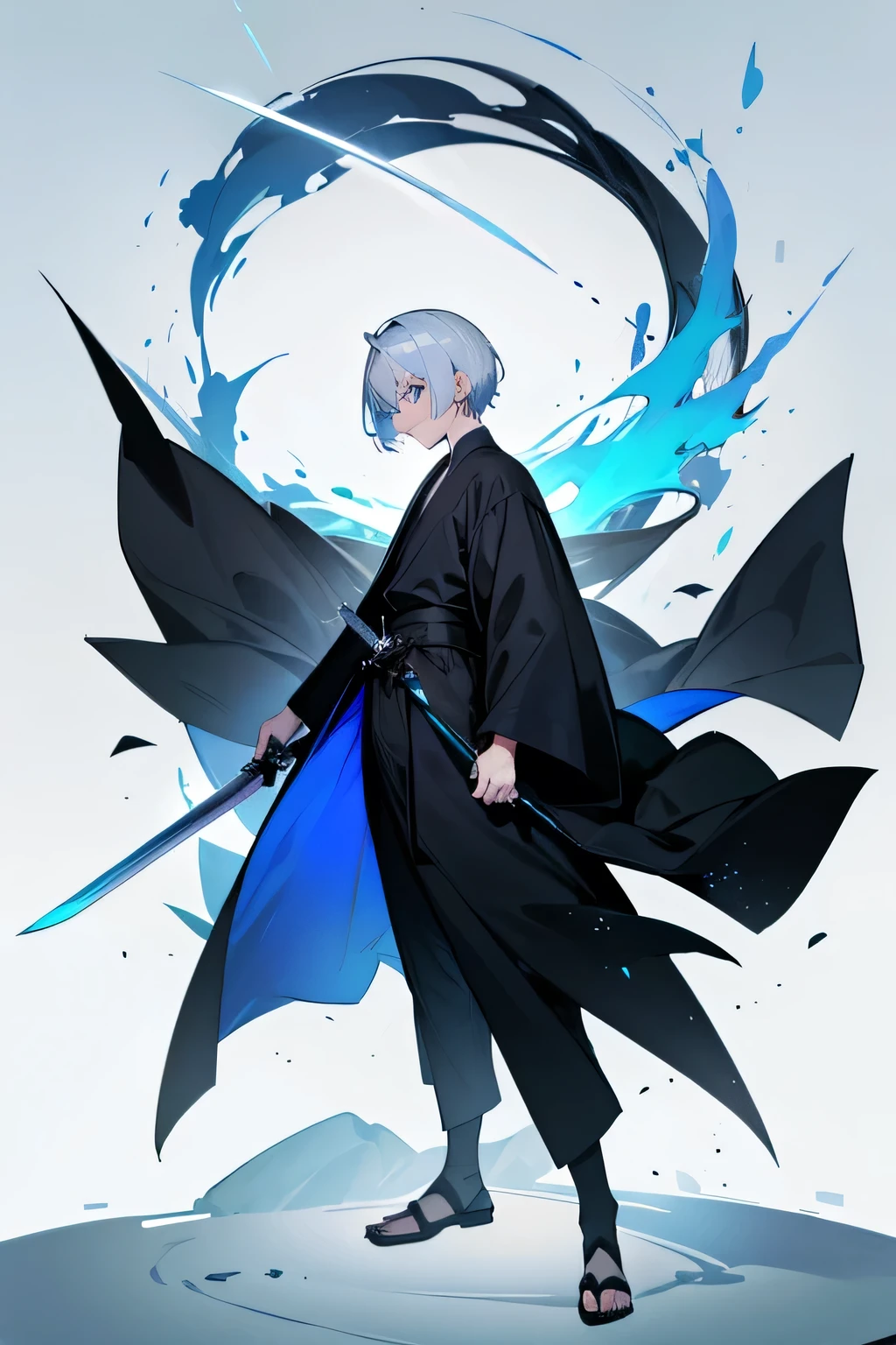 1man, silver hair, blue eyes, short hair, black robe, have a sword, full body
