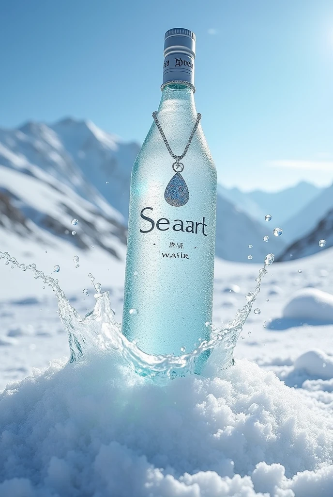A stunning high-resolution photo of a "SeaArt" mineral water bottle made of textured grainy glass, exclusive and expensive design, unique style logo brand of "SeaArt", and the bottle designed like a ((water drop or pear shape bottle)) with metallic silver lid and platinum bottle necklace with diamond. The bottle appears pristine and frosty, as if just taken out of the freezer. The bottle is shown falling onto a pile of cracked ice on snowy ground, with snow particle splashing all around it in a mesmerizing dance. The image is captured in a close-up, low-angle shot, creating a cinematic and poster-worthy effect that emphasizes the cleanliness and refreshing nature of the product., portrait photography, poster, photo, cinematic, product. In background distance mountains with snow on top.
