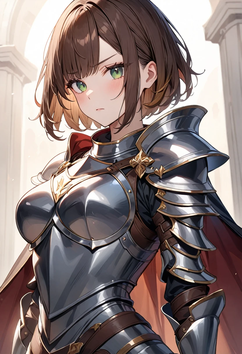 (masterpiece, top quality, very aesthetic, 4k、illustration), ()、intricate detail, 1woman,solo,contrapposto 、(gradient eyes、tareme)、very short hair、asymmetrical bangs,Fair skin,(upper body)、beautiful women、clear face、Serious Face、(Full Plate Armor、waist-cape armor),beautiful face、(gradient hair)、(brown hair)、sidelock ,,green eyes、Knight Armor、Full Body Blue Silver Armor、medium breasts、slender 、Cape