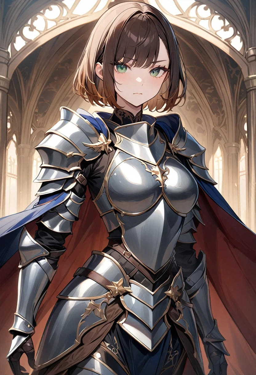 (masterpiece, top quality, very aesthetic, 4k、illustration), ()、intricate detail, 1woman,solo,contrapposto 、(gradient eyes、tareme)、very short hair、asymmetrical bangs,Fair skin,(upper body)、beautiful women、clear face、Serious Face、(Full Plate Armor、waist-cape armor),beautiful face、(gradient hair)、(brown hair)、sidelock ,,green eyes、Knight Armor、Full Body Blue Silver Armor、medium breasts、slender 、Cape
