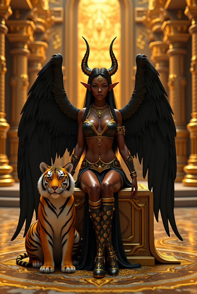 a woman in a gold outfit and a tiger, muscular warrior women, the smooth black lioness, queen, wakanda, epic 3 d oshun, Fundo wakanda, woman strong, skin black!!!, dark skin female goddess of love, black panther, Warrior Woman, amazon warrior, posing for a fight intricate, trending in cgsociety, horned girl, devil horns, elf ears, cleavage, thigh, short skirt, sexy, wide black wings, golden Egyptian castle, golden egyptian outfit, tiger pet with her, sitting on golden throne