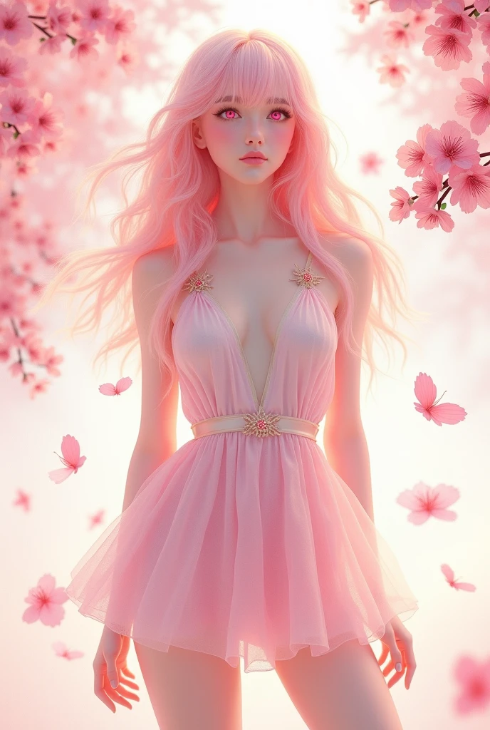 light pink hair, pink eyes, pink and white romper, sakura leaves, bright coloured, white gown, paint splash, simple background, ray tracing, Wavy hair
