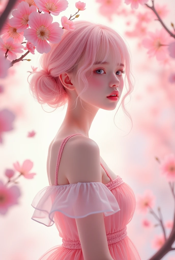 light pink hair, pink eyes, pink and white romper, sakura leaves, bright coloured, white gown, paint splash, simple background, ray tracing, Wavy hair