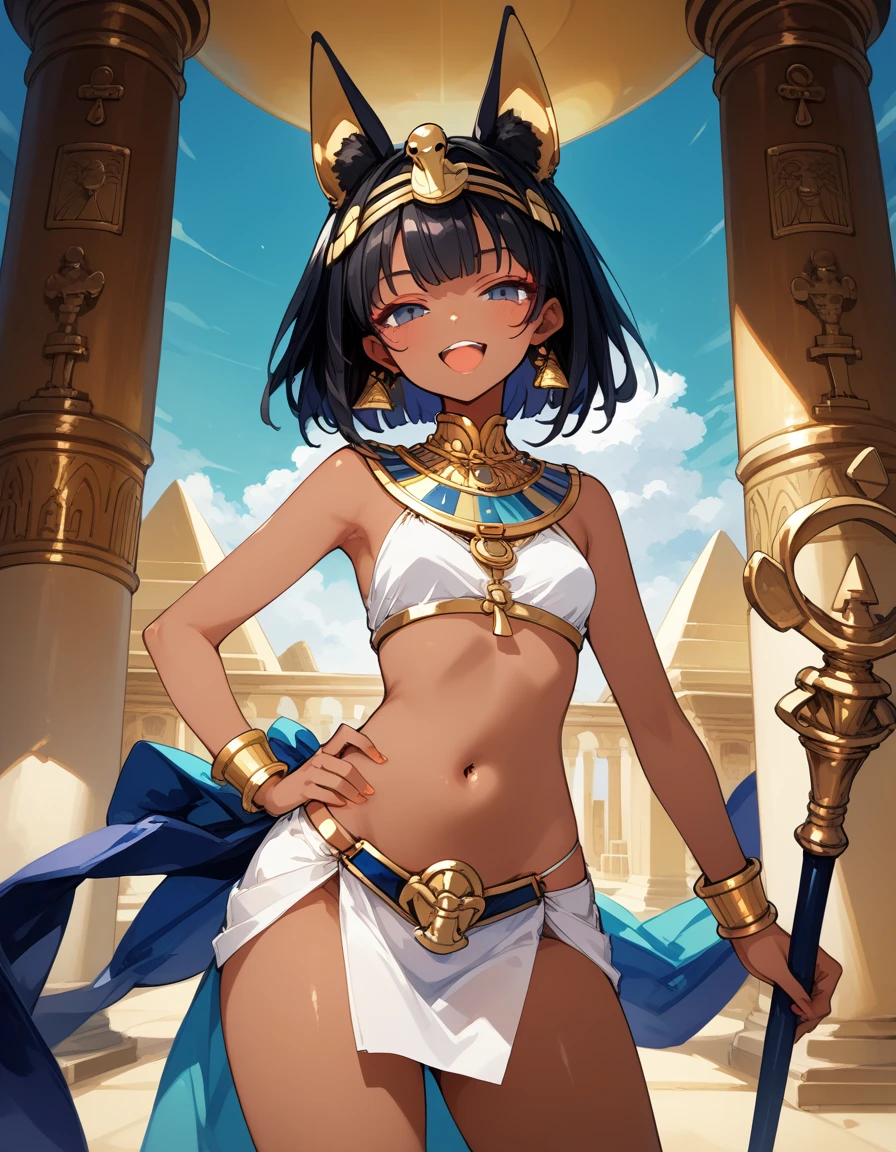 score_10,score_9_up,score_8_up,score_7_up, hadrian, small breasts, looking at viewer, seductive, with Pyramid of Khufu view, in Egypt, female anubis, egyptian clothes, egyptian mythology, truncheon,staff, long black hair, dark skin, open mouth, lewd, cowboy shot, nice hips, hand on hip, hip sway, half open eyes, thick thighs, smile