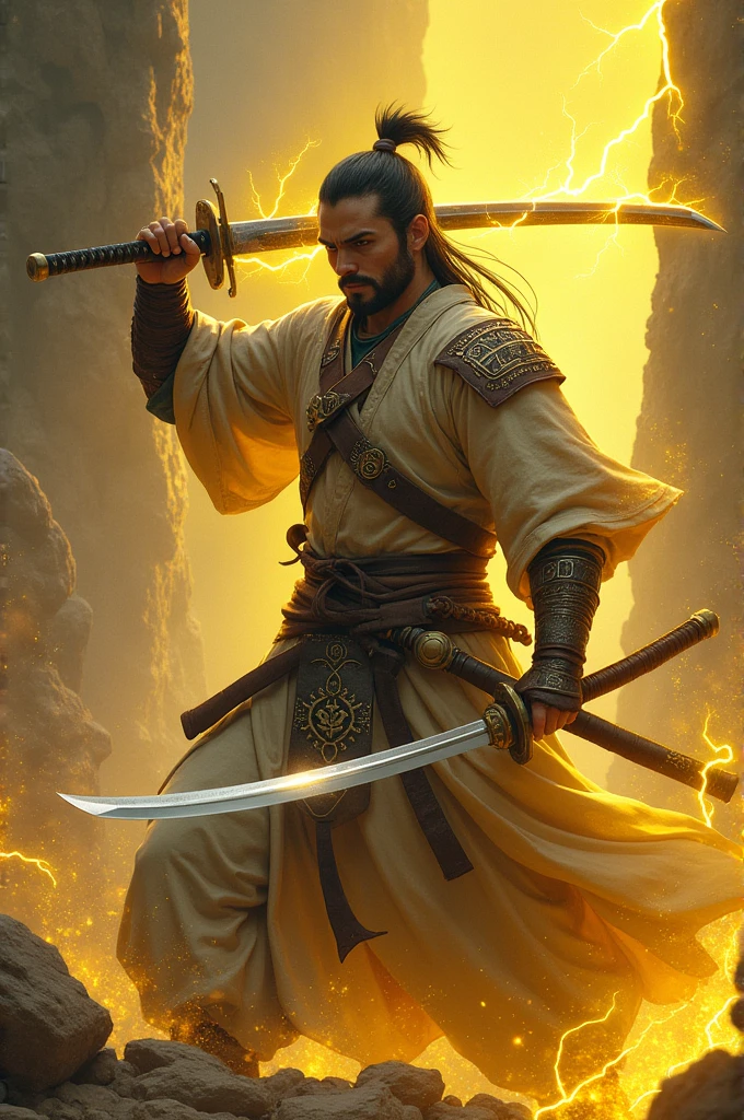 Elden ring, Male warrior, Samurai, katana, yellow lightning, light armor, long attached black hair, small beard