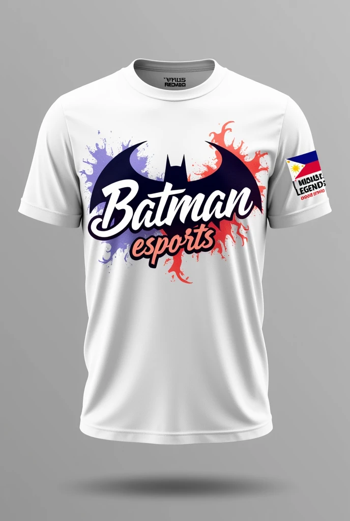 Give me a polyester t shirt front and back and side and no person in the photo only the t shirt
The front chest: Batman Esports with e sports font
The t shirt design: e sports cool design
The t shirt color: white
The right side shoulder:mlbb logo and philippine logo
