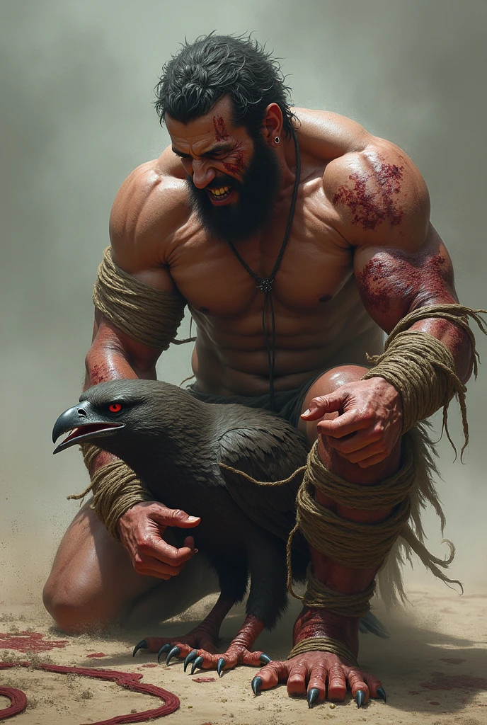 titan promised with his legs and arms tied in agony and covered in blood while the bird pecks at his belly