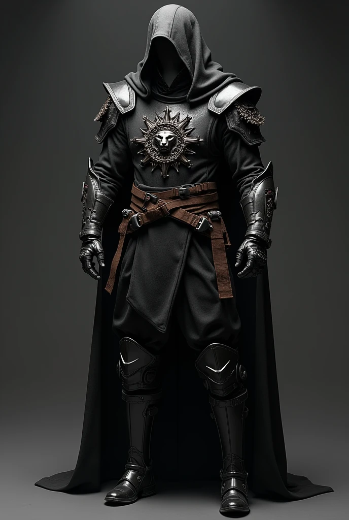 Create an image of a uniform made for monster hunters. black in color, with space for swords On the front a symbol of a lion with a crown of thorns. On the back the word Exterminate.
de corpo inteiro