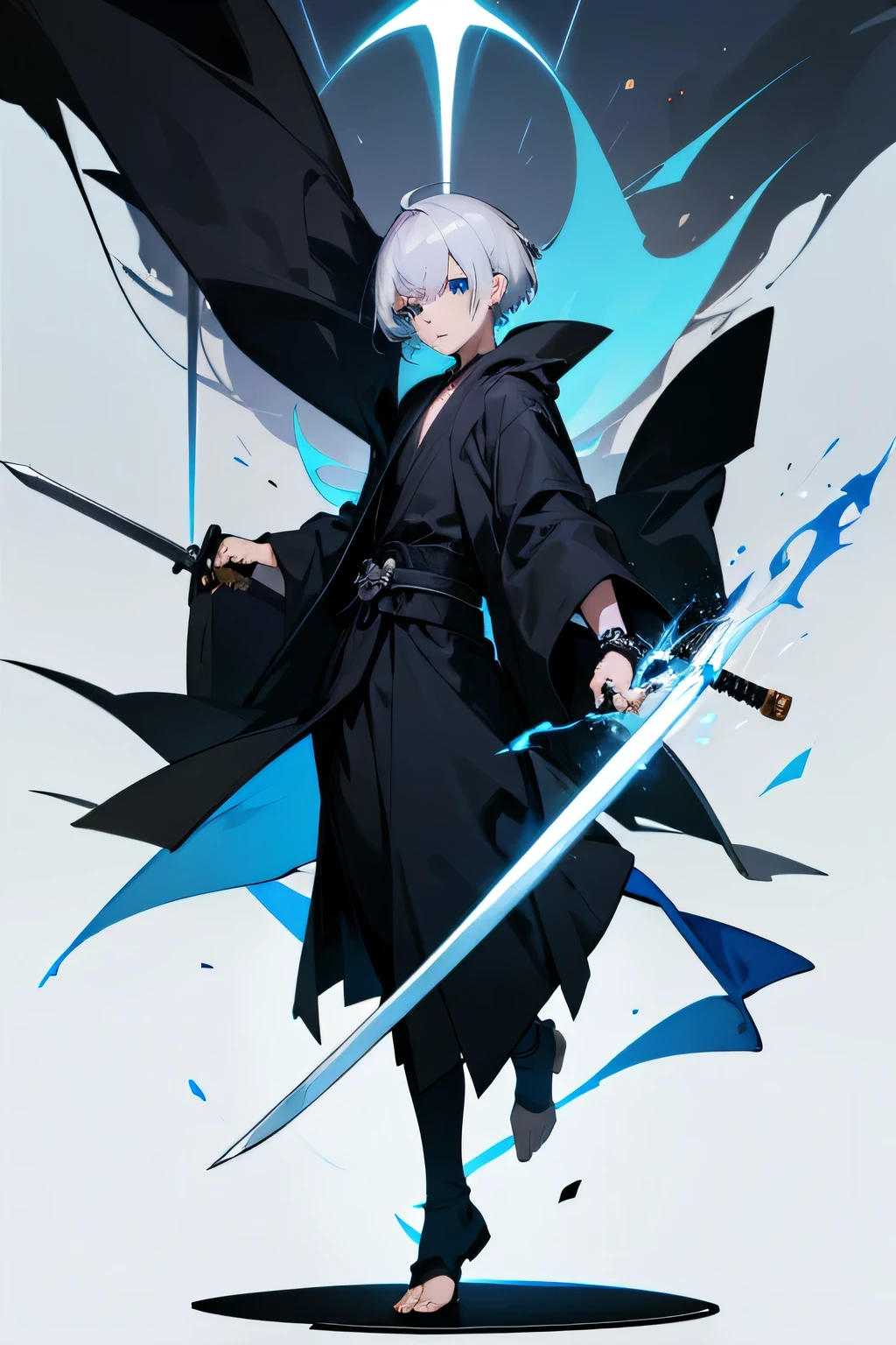 1man, silver hair, blue eyes, short hair, black robe, have a sword, full body