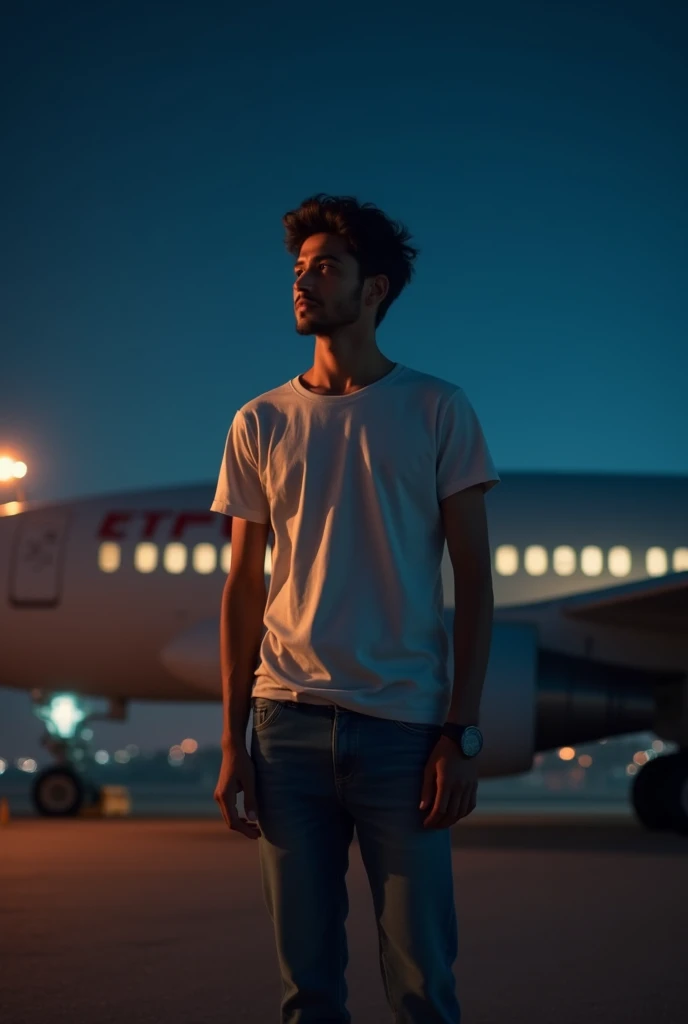 20 year old Indian boy watch normal dress and posing for aeroplane night in background