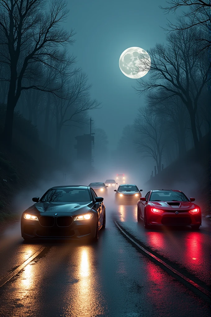 Bmw M5 competition and Dodge Challenger and Lamborghini Huracan and supra mk4 in haunted road on night 