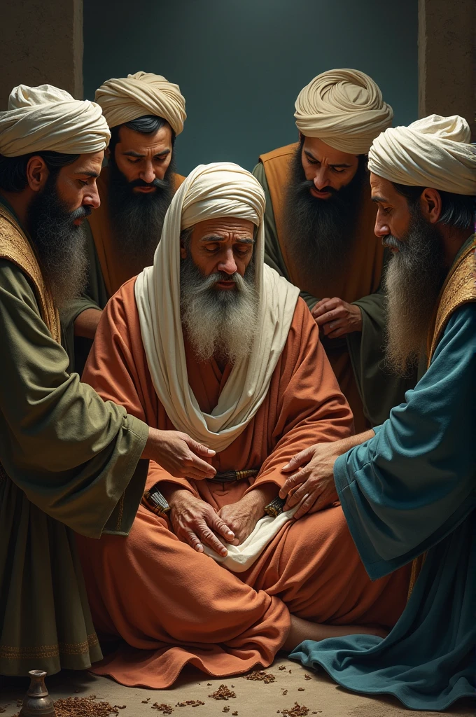 A group of dervishes gathered around Baba Farid, tending to his wounds, with a mix of concern and admiration on their faces."
