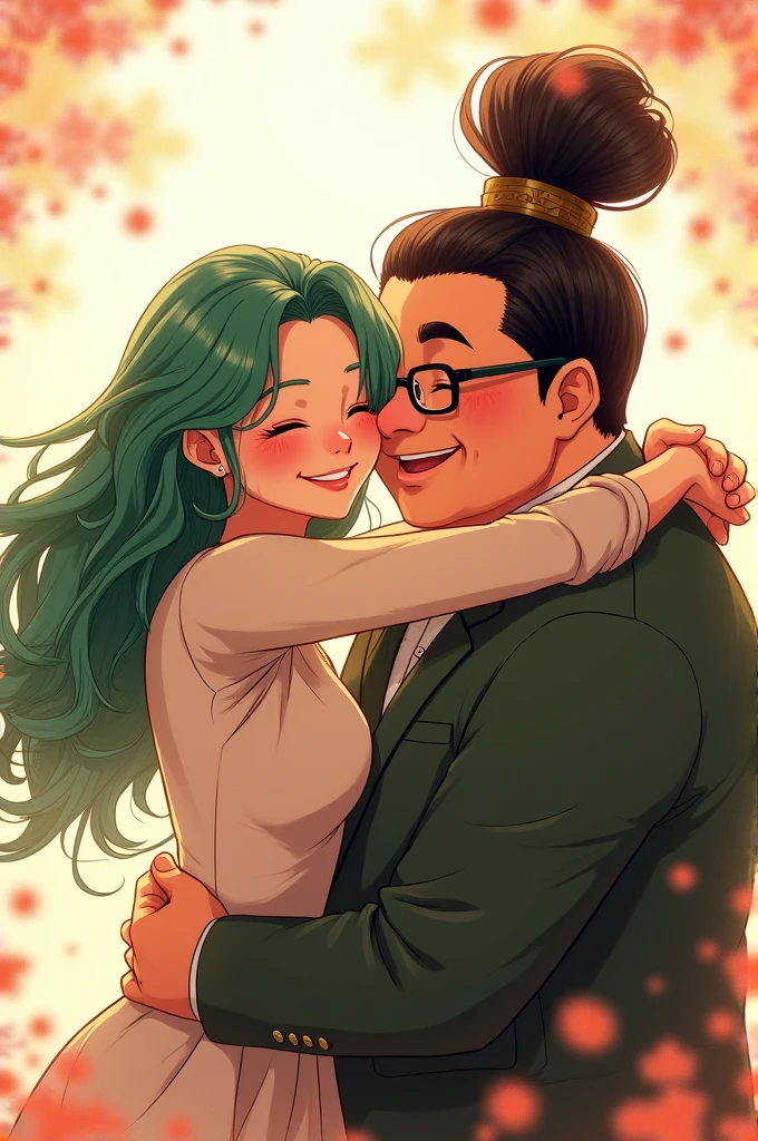 Inko Midoriya as a beautiful woman hugs a fat Chinese man wearing sunglasses and high-top hair and smiles happily.