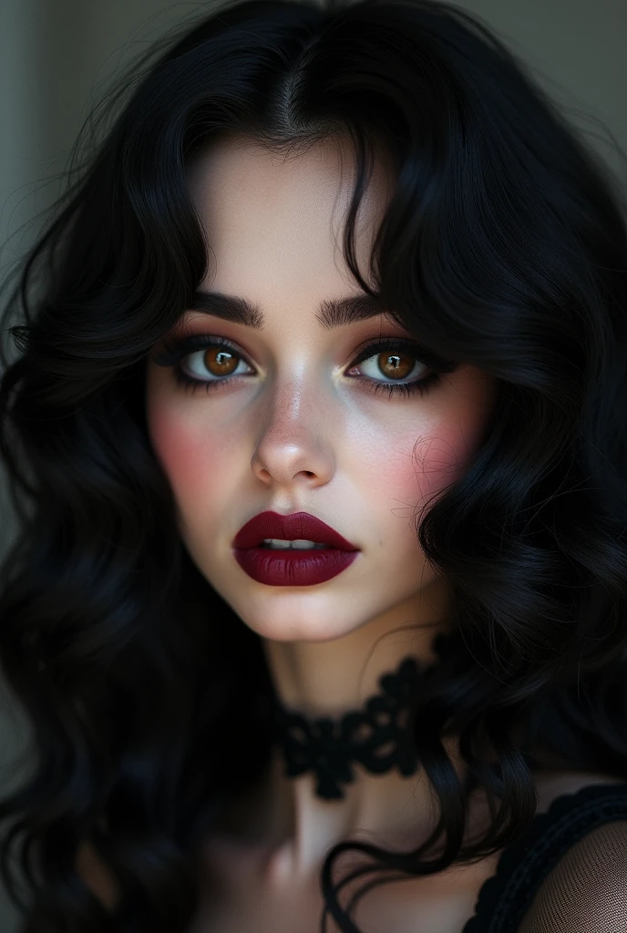 a young woman&#39;s face with black hair , big and long curls, dark brown eyes, Wine-colored lips and smokey makeup with a gothic aura. Some slightly chubby cheeks.