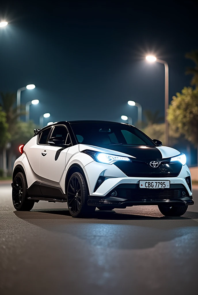 Toyota CHR, White body black roof with modlestar body kit , black rim, Sri Lanka street, license plate number CBG-7795,lights on fog lamp on