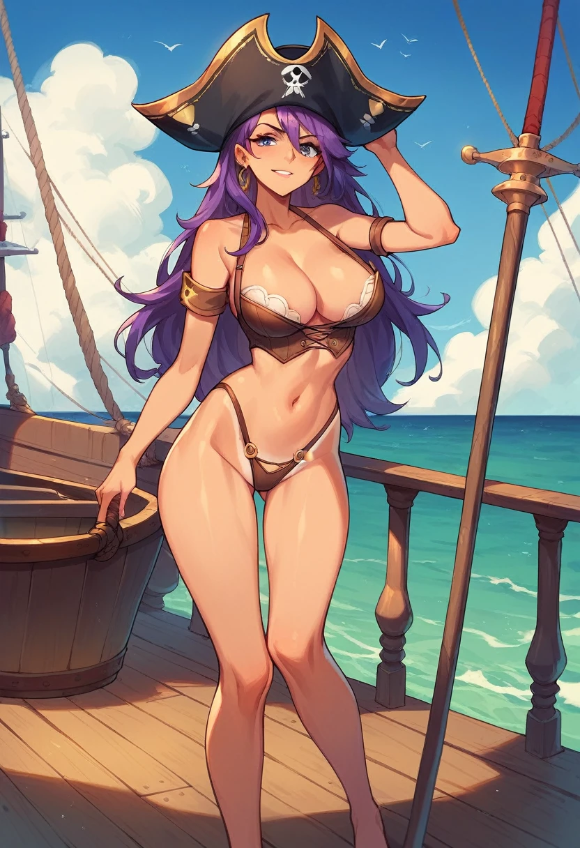 One woman, medium-long hair, purple hair, large breasts, tanned naked body,
Pirate cosplay, captain hat, miniskirt, revealing outfit,
Ocean, on a boat, on a pirate ship, on the deck