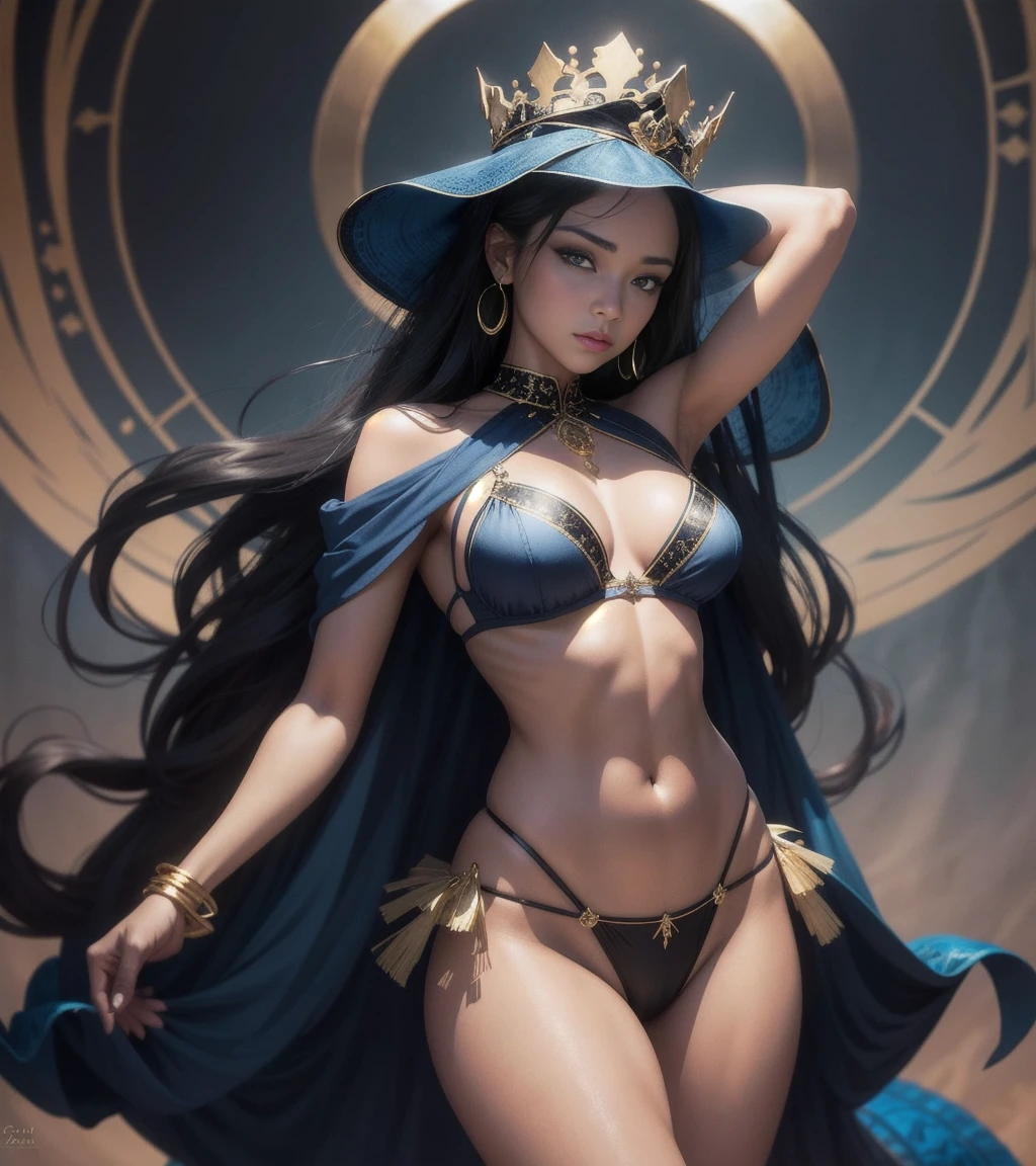 Queen of the unknown, Incomparable beauty, sexy members, black thong with gold threads, gold thread thong, black thong and sexy bra, queen crown sensual pose, capa de blue tule, blue tule