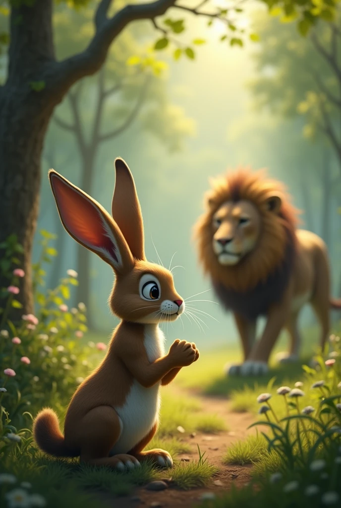 The rabbit looking determined and thoughtful, planning to trick the lion.