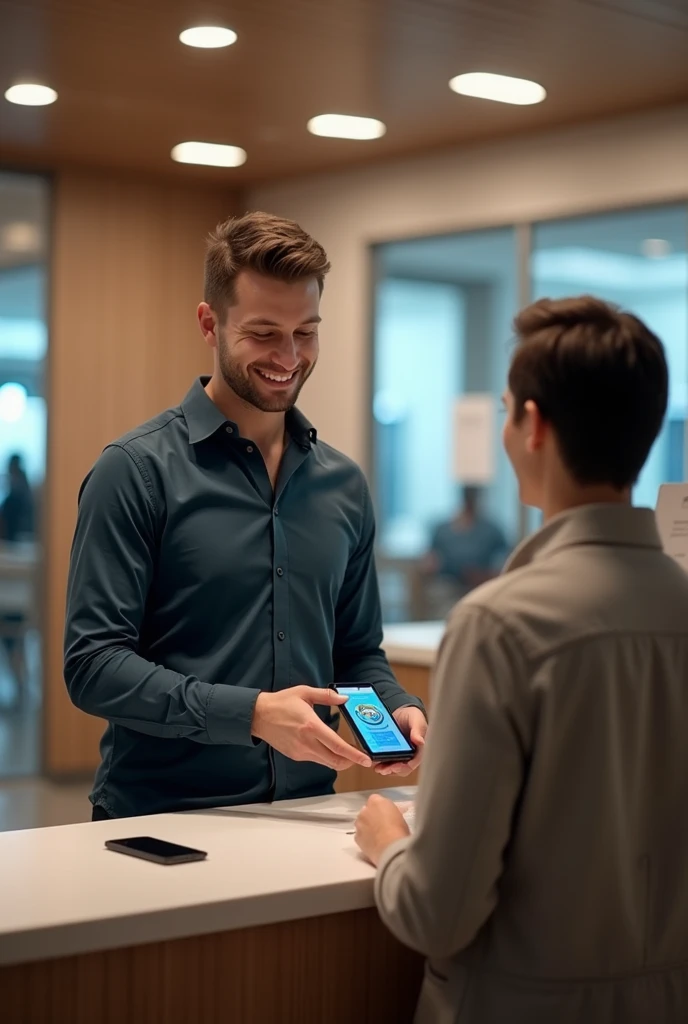 A compact device kept on desk of a counter at mall where a man is scanning his face to make payment the device recognises face and payment is done man should not touch the device he should just in it thd devixe should be small the screen should show mans face scanning make device bit small the device should be size of a phone