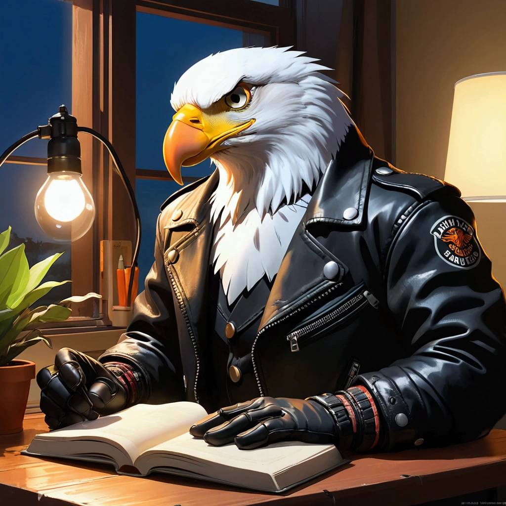 Closeup, Cartoon of an extremely badass anthropomorphic bald eagle wearing an insanely cool black leather Harley Davidson biker jacket open, biker shirt, black leather biker gloves, black leather pants, sitting at the table, read a book, table lamp light, plant on the window sill, night, dark room , acrylic painting, trending on pixiv fanbox, palette knife and brush strokes, style of makoto shinkai jamie wyeth james gilleard edward hopper greg rutkowski studio ghibli genshin impact