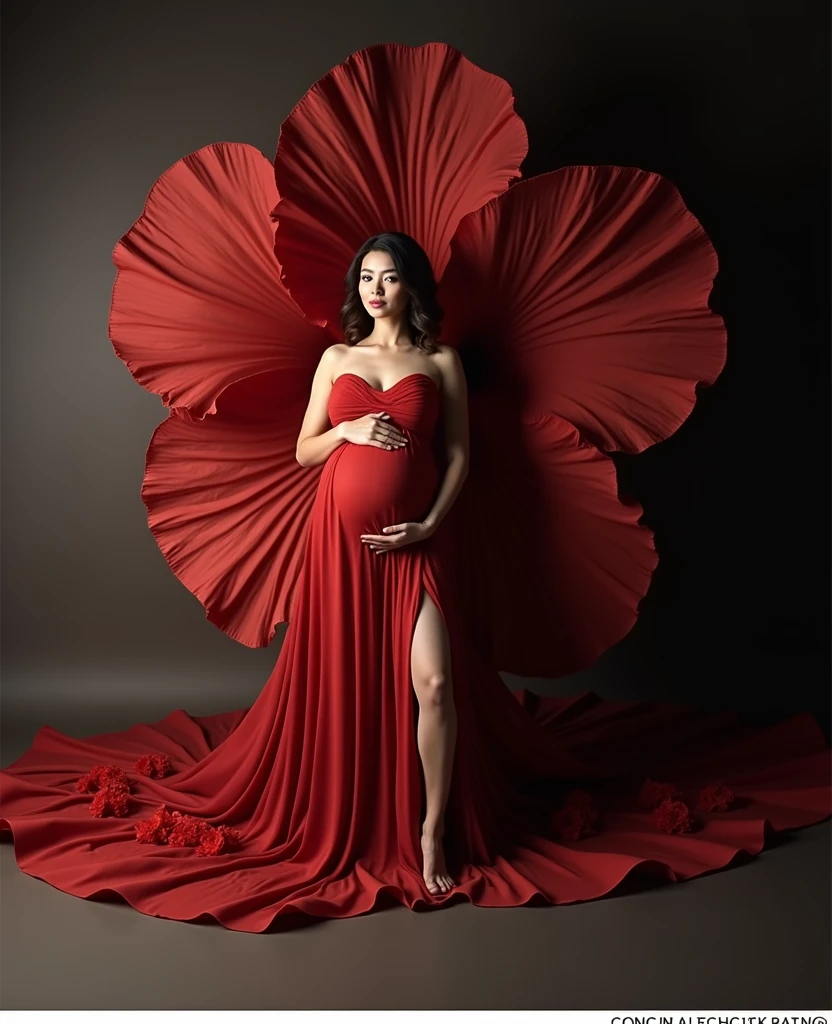 pregnant woman in red dress posing in front of large red flower, a portrait by Sam Black, shutterstock contest winner, art photography, draped with red hybiscus, rich red colors, draped in velvet and flowers, full body photoshoot, grayscale phtoto with red dress, maternal photography 4 k, award winning studio photo, in a red dress, rich red