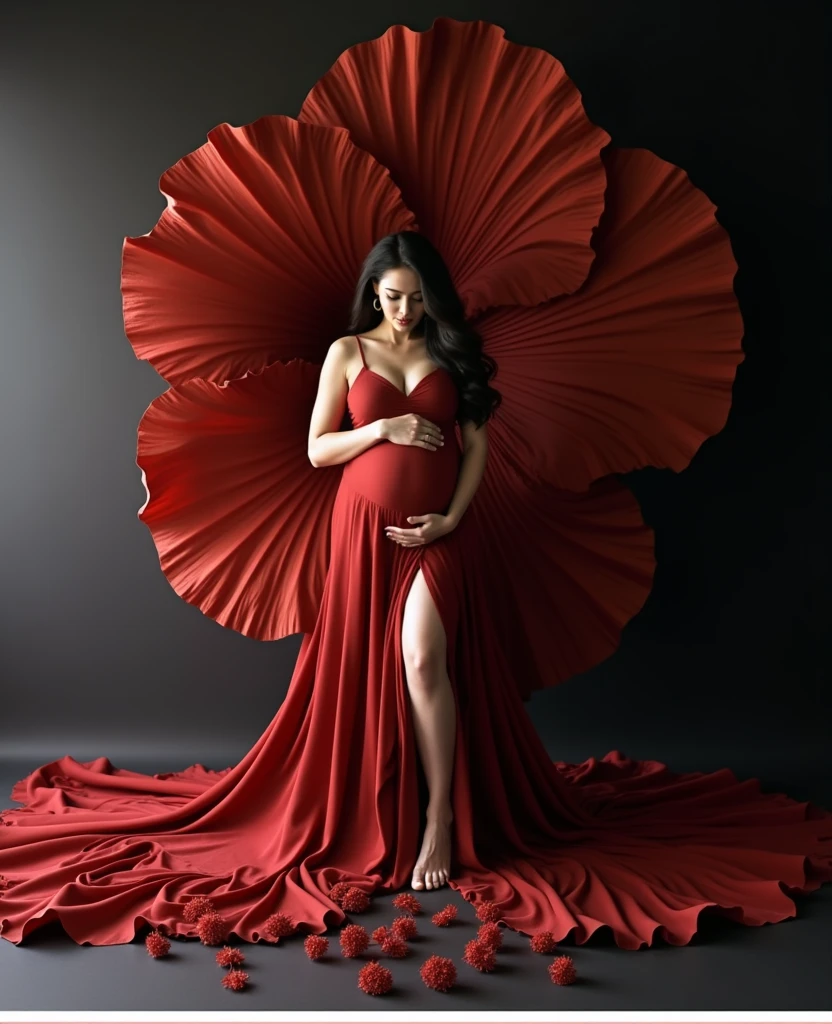 pregnant woman in red dress posing in front of large red flower, a portrait by Sam Black, shutterstock contest winner, art photography, draped with red hybiscus, rich red colors, draped in velvet and flowers, full body photoshoot, grayscale phtoto with red dress, maternal photography 4 k, award winning studio photo, in a red dress, rich red