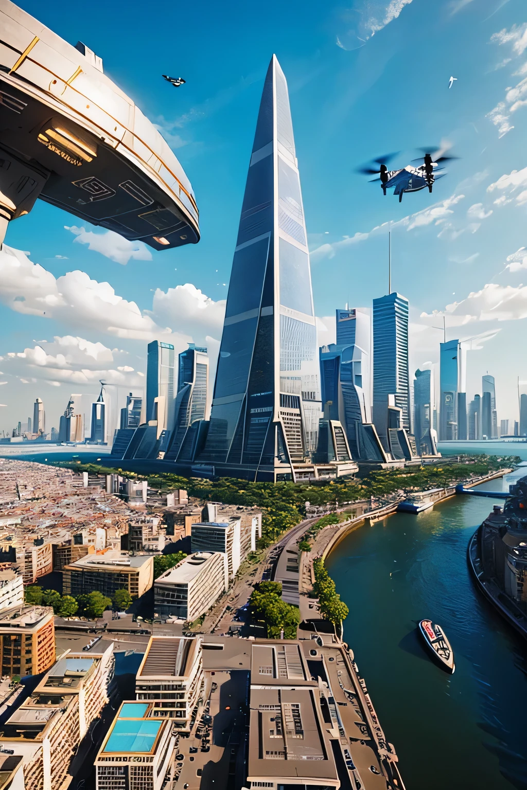 A futuristic city, a group of skyscrapers of strange shapes, drones flying around, a pyramid-like rectangular building in the center, a huge canal running through the city, daytime