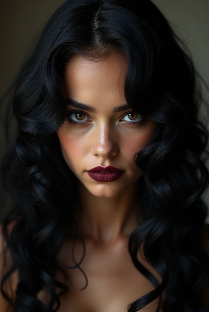 a young woman&#39;s face with black hair , big and long curls, dark brown eyes, Wine-colored lips and smokey makeup with a gothic aura. Some slightly chubby cheeks. Hazel brown skin tone