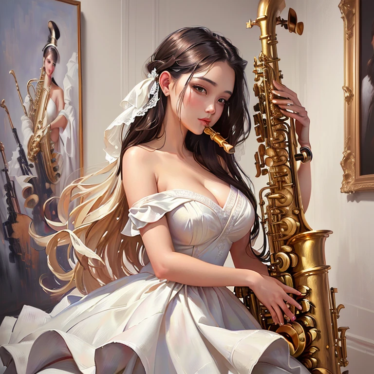 a painting of a woman in a white dress holding a saxophone, saxophone, alla prima oil painting, a picture of beauty, oil painted, beautiful artwork, oil painting!!!, sensual painting, author Dechko Uzunov, oil painting, oil painting style, beautiful art, professional oil painting, extremely high quality work of art, oil art, beautiful portrait oil painting