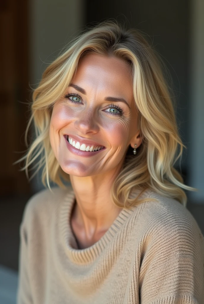 Blonde woman 50 years old with natural makeup, wearing a beige cashmere. High resolution, chef-d&#39;artwork, best quality, intricate details, Very detailed, mise au point nette, detailed skin, texture de peau réaliste, texture, Detailed eyes, professionnel, 4k, sourire charmant, filmed on Canon, 85 millicmeters, faible profondeur de champ, Couleur Kodak Vision, corps parfaitement ajusté, extremely detailed, photographier_\(ultra\), photorealistic, Realistic, Post-traitement, maximum details, roughness, vrai vie, ultra realistic, photorealism, photographie, 8k euh, photographie